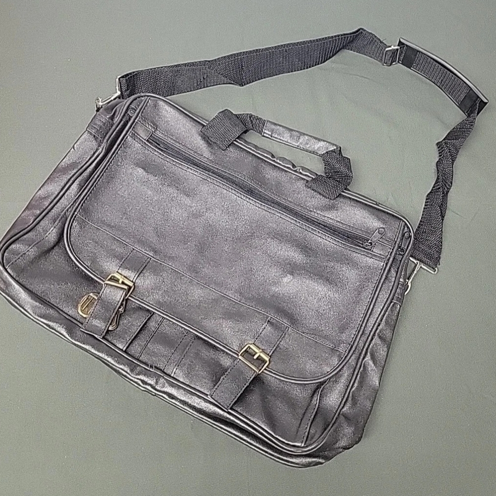 Black Leather-Look Soft Side Briefcase Travel Bag Multi-Compartment With Strap